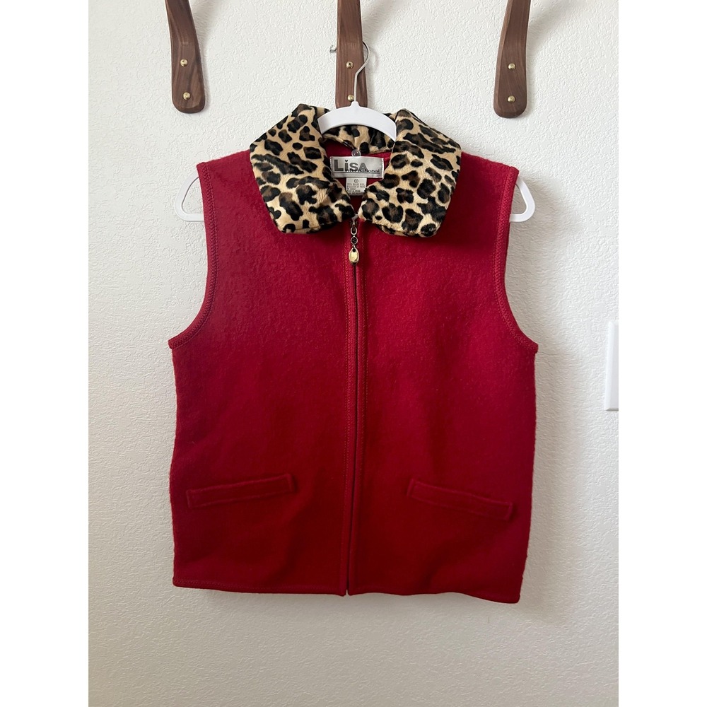 Lisa International Vest Womens Medium Red Wool Faux Fur‎ Leopard Collar Zip